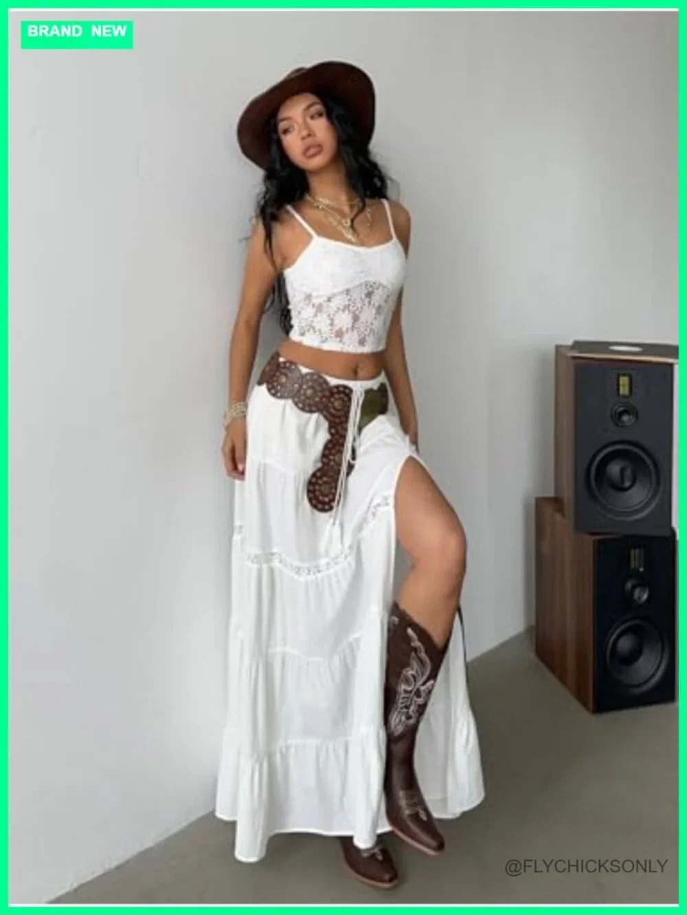 Boho Western Maxi Skirt with Lace Trim High Slit Layered Ruffle